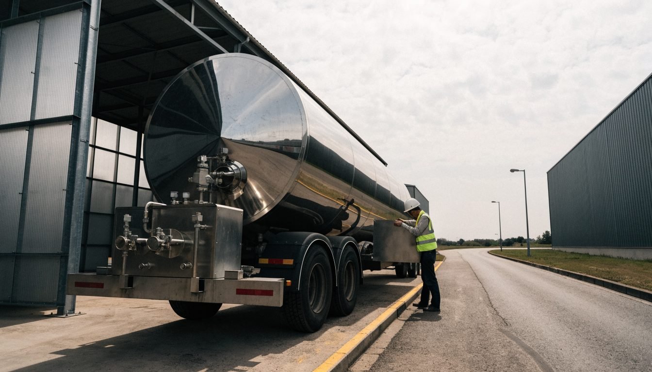 Cisterna criogénica por carretera durante una inspección ADR periódica con la placa del tanque visible