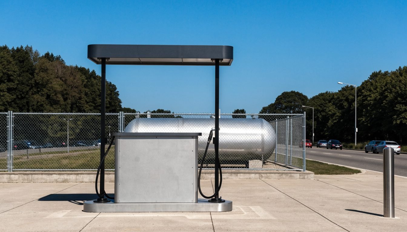 Patio de una estación de autogas de GLP con surtidor y tanque de almacenamiento