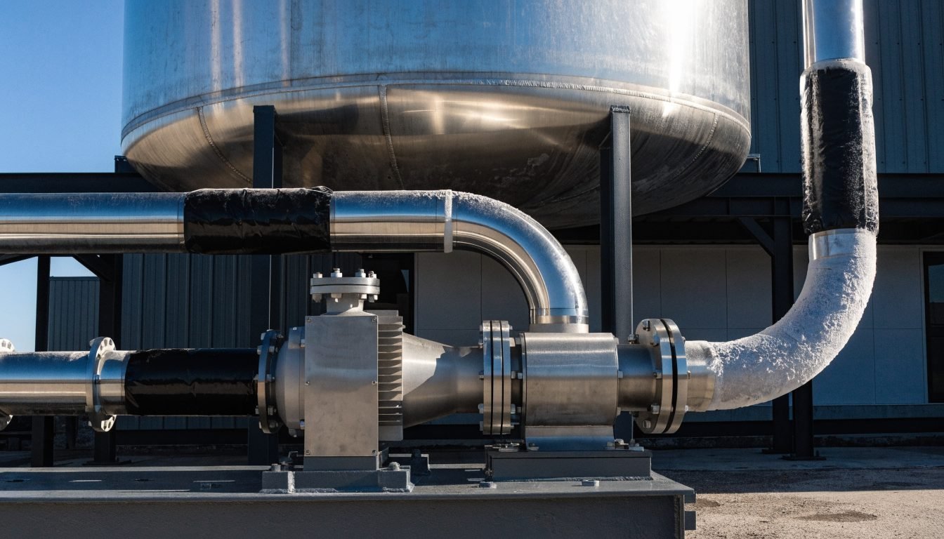 Bomba de transferencia criogénica con tubería de aspiración con camisa de vacío instalada bajo un tanque de almacenamiento criogénico