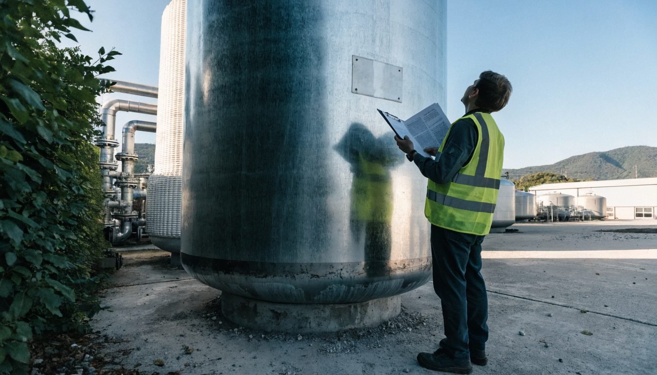 Documentos de certificación y placa de identificación de un tanque de almacenamiento criogénico