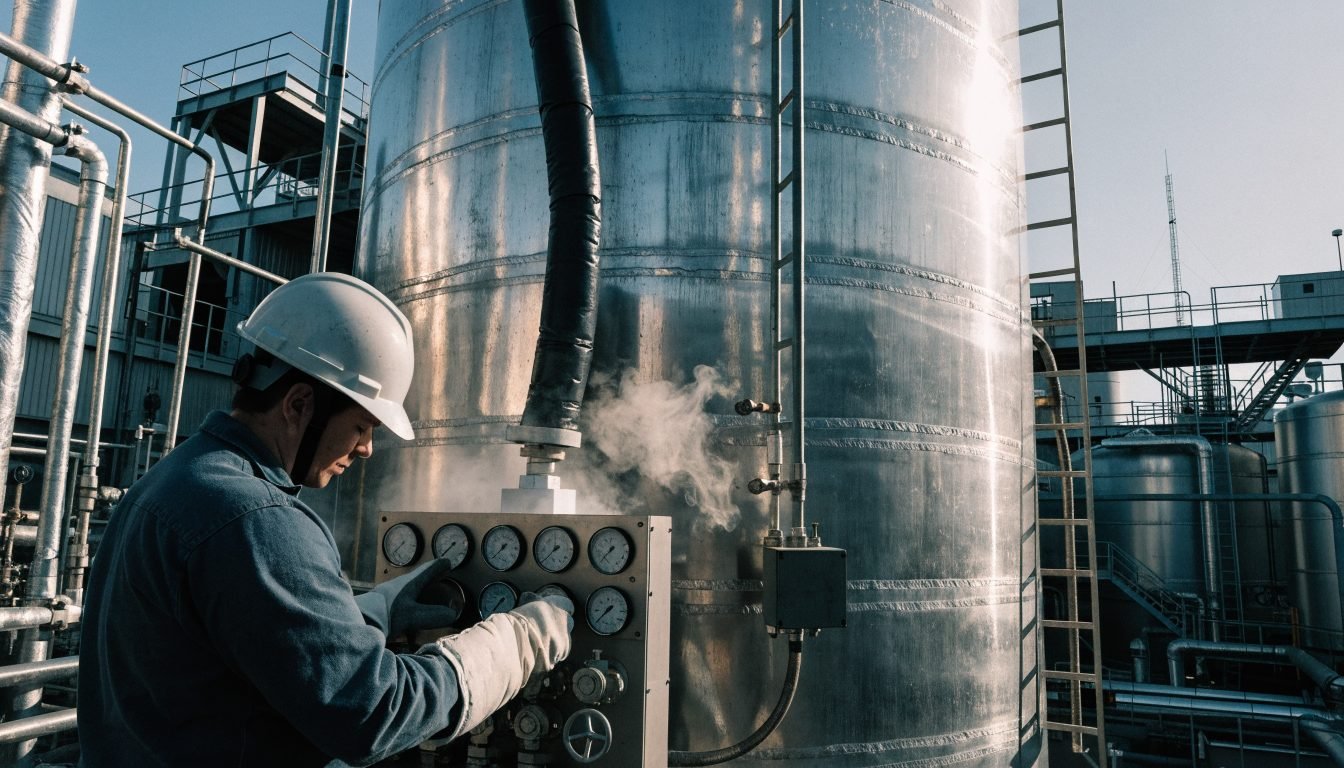 Técnico supervisando manómetros durante la puesta en servicio y el primer llenado de un tanque criogénico