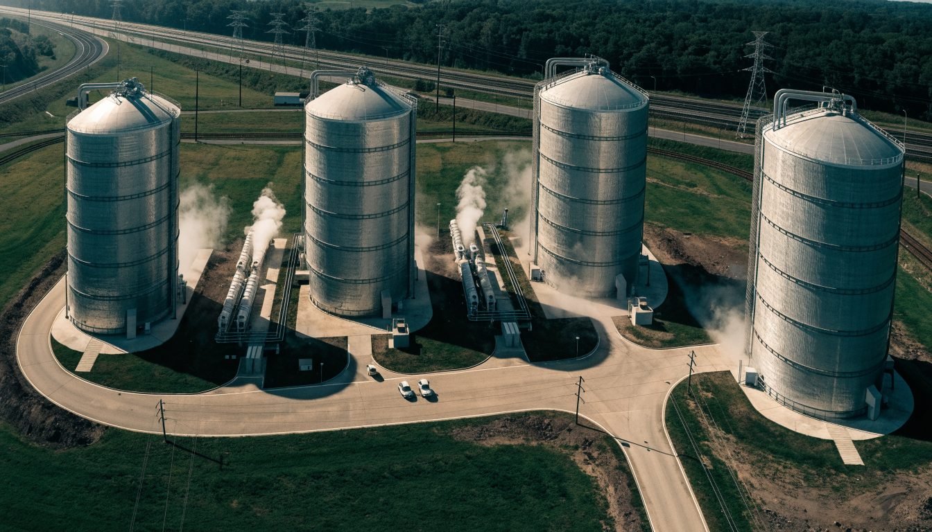 Diseño de un parque de tanques criogénicos con varios tanques de almacenamiento verticales, vaporizadores y un punto de llenado de cisterna