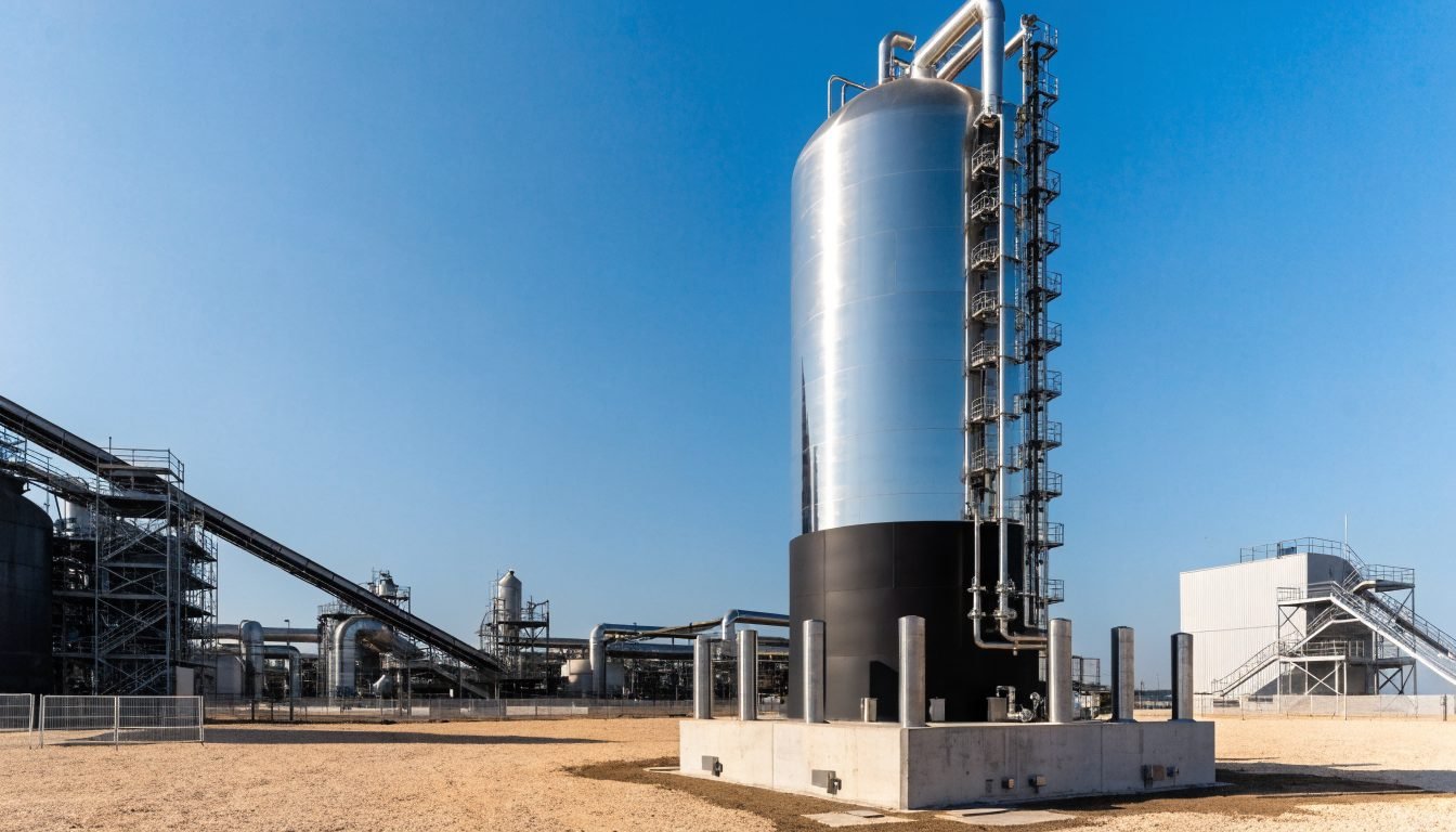 Tanque de almacenamiento criogénico vertical instalado sobre una cimentación de hormigón armado con holgura alrededor de la base