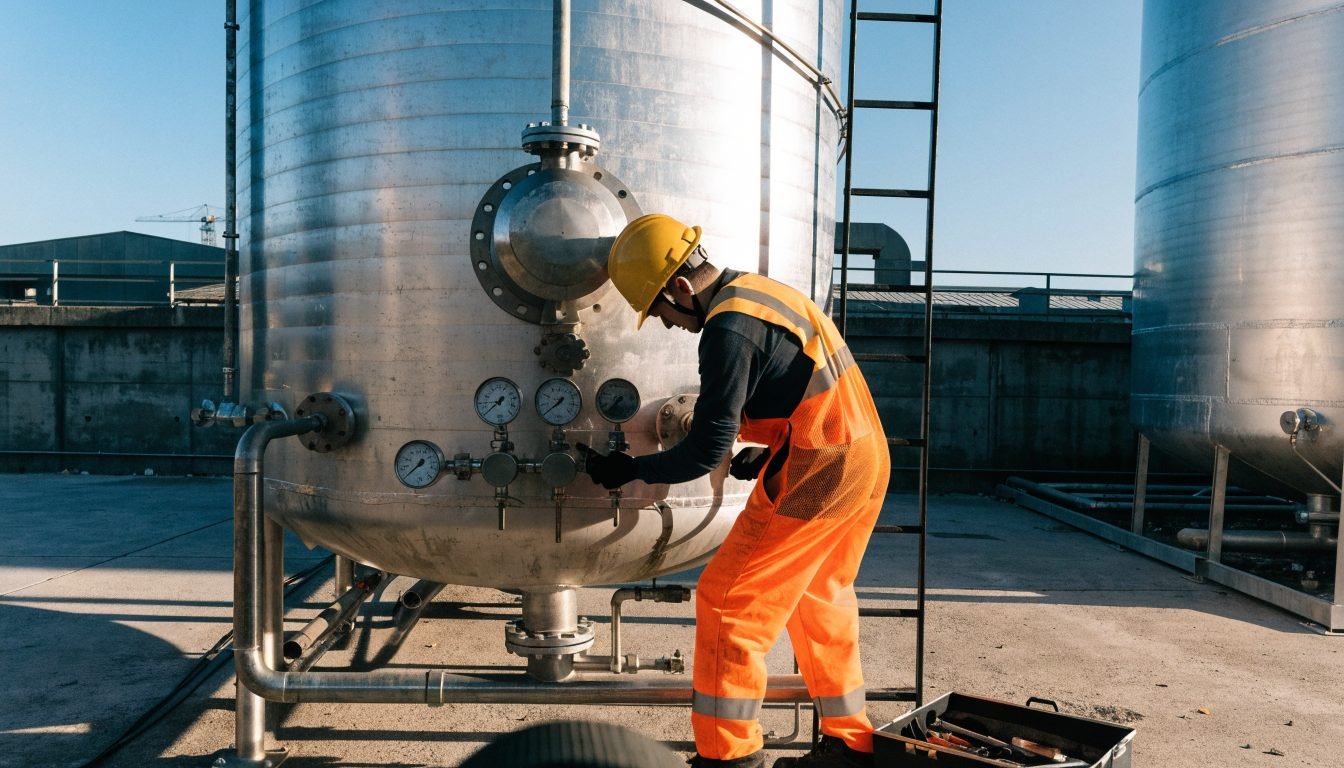 Técnico revisando manómetros y válvulas de alivio en un tanque de almacenamiento criogénico con aislamiento al vacío