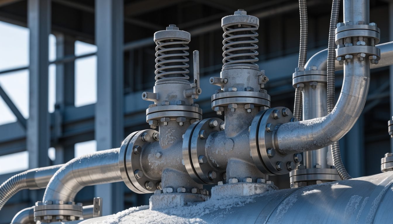 Par de válvulas de seguridad de alivio montadas sobre una válvula selectora en un tanque de almacenamiento criogénico