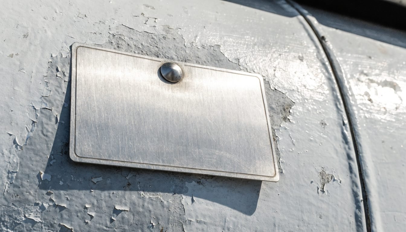 Placa de acero inoxidable en un tanque de almacenamiento criogénico que muestra número de serie, MAWP y temperatura de diseño
