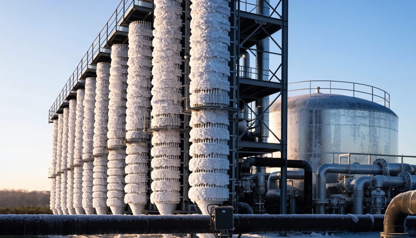 Banco de vaporizador atmosférico con tubos aleteados de aluminio convirtiendo líquido criogénico en gas