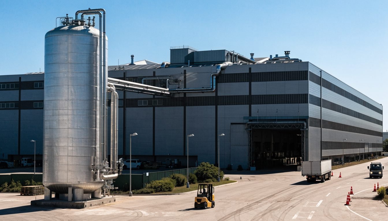 Tanque de almacenamiento criogénico vertical en una planta industrial dimensionado a la demanda de gas