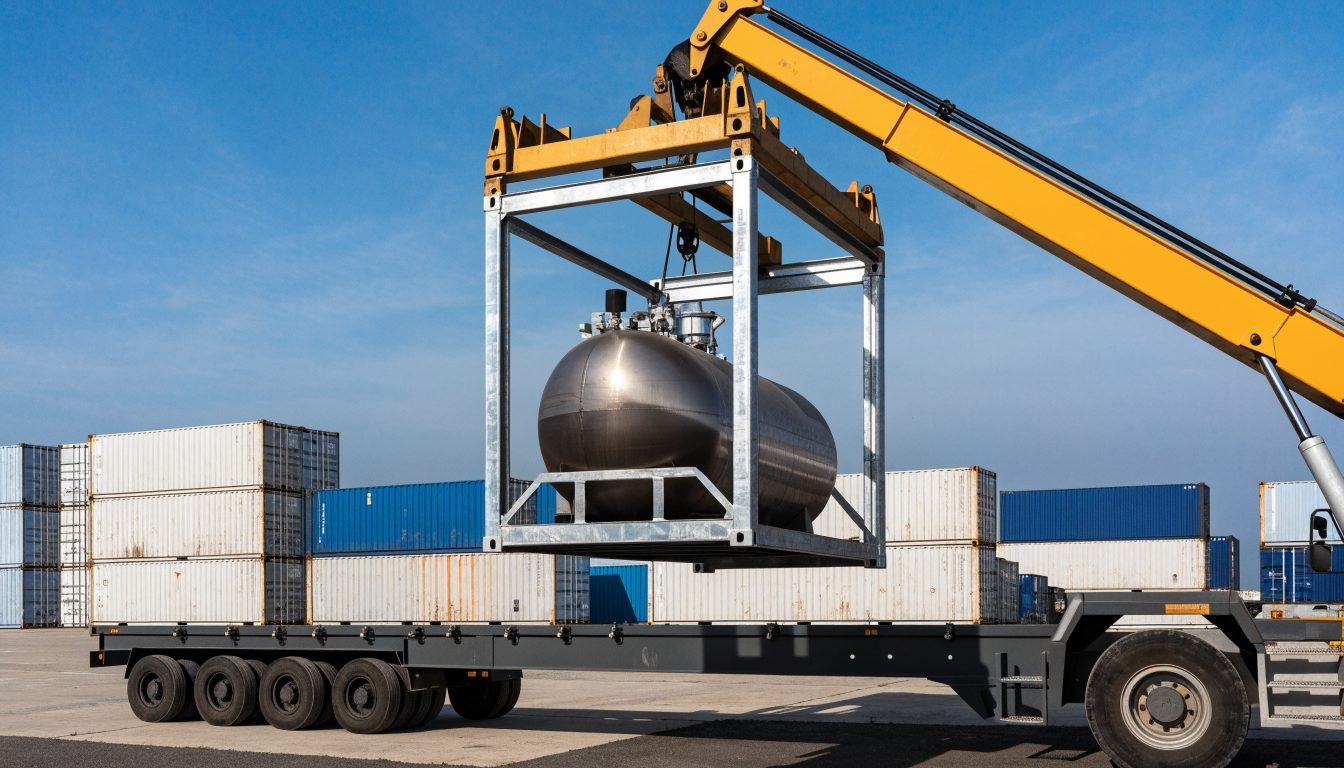 Contenedor cisterna ISO criogénico T75 izado sobre un chasis de contenedor para transporte multimodal