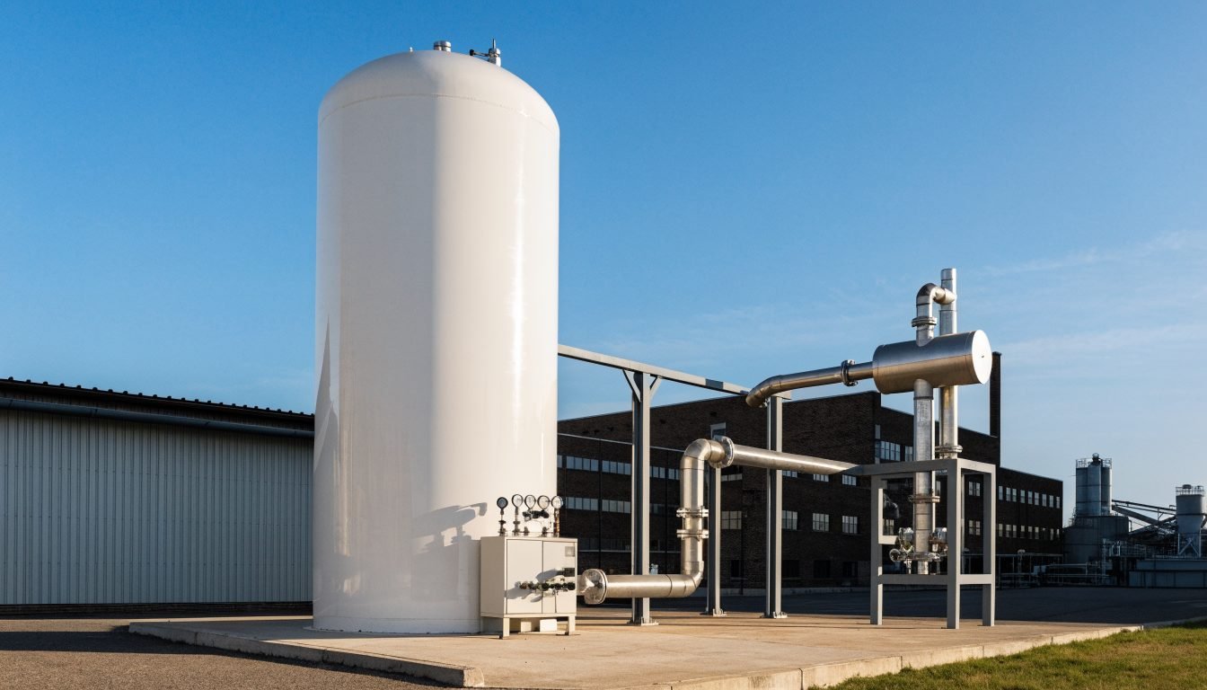 Tanque vertical de almacenamiento de nitrógeno líquido aislado al vacío en un sitio industrial