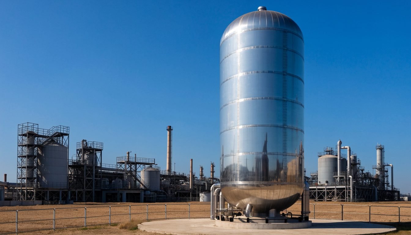 Tanque de almacenamiento de oxígeno líquido aislado al vacío con señalización de servicio con oxígeno sobre una plataforma no combustible
