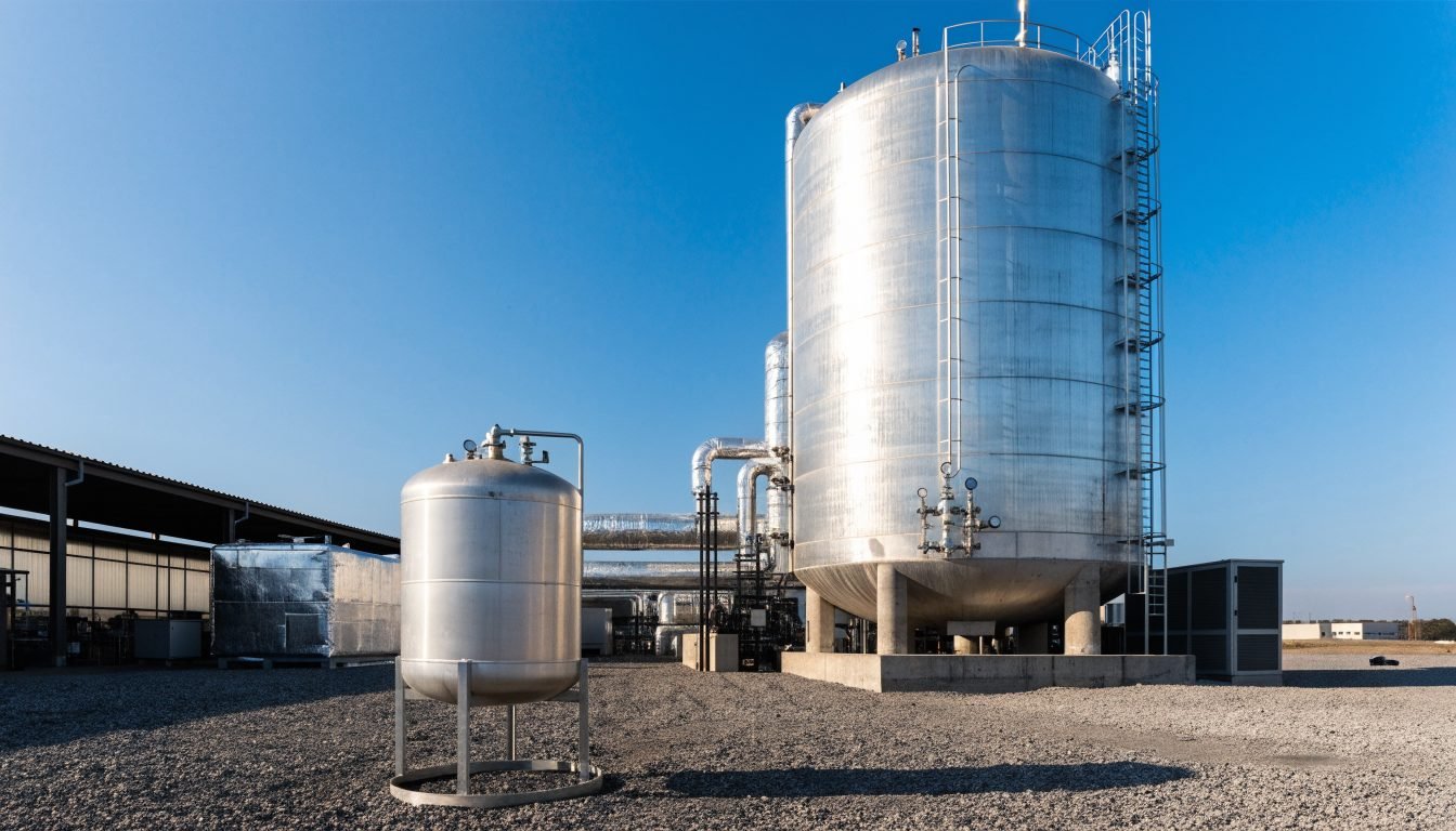 Tanque criogénico microbulk y tanque de almacenamiento a granel mayor en un sitio industrial de gases