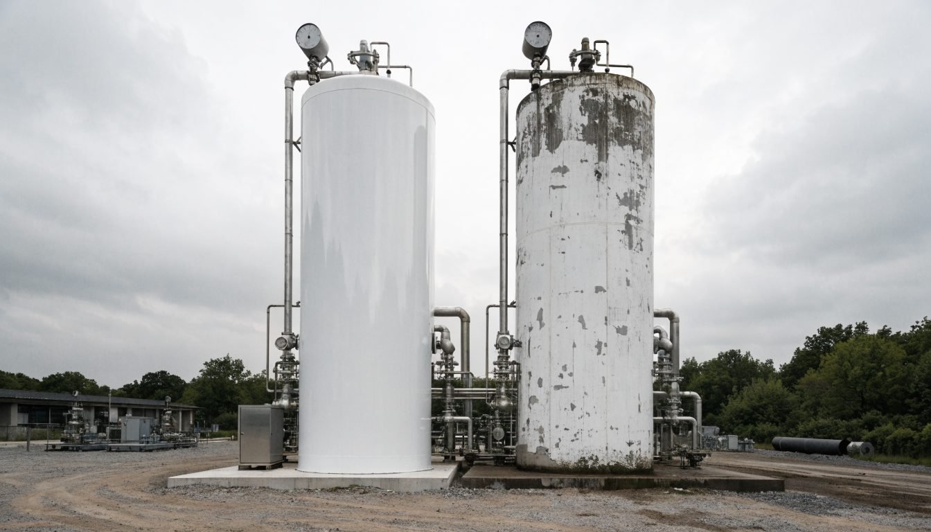 Tanques de almacenamiento criogénico nuevo y usado certificado uno junto al otro para comparación
