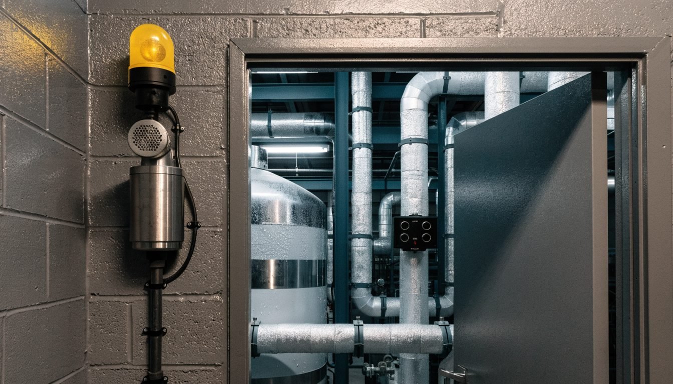 Monitor de oxígeno y panel de alarma en la entrada de una zona interior de manejo de gas criogénico