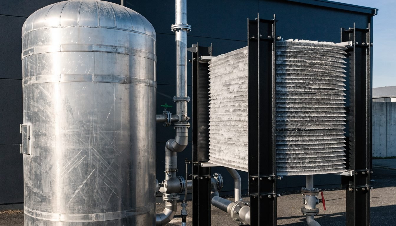 Bobina de presurización de tubo con aletas montada junto a un tanque de almacenamiento criogénico vertical
