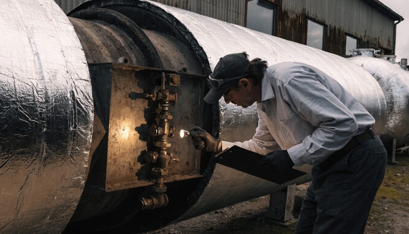 Tanque criogénico usado con aislamiento de vacío siendo inspeccionado antes de la compra