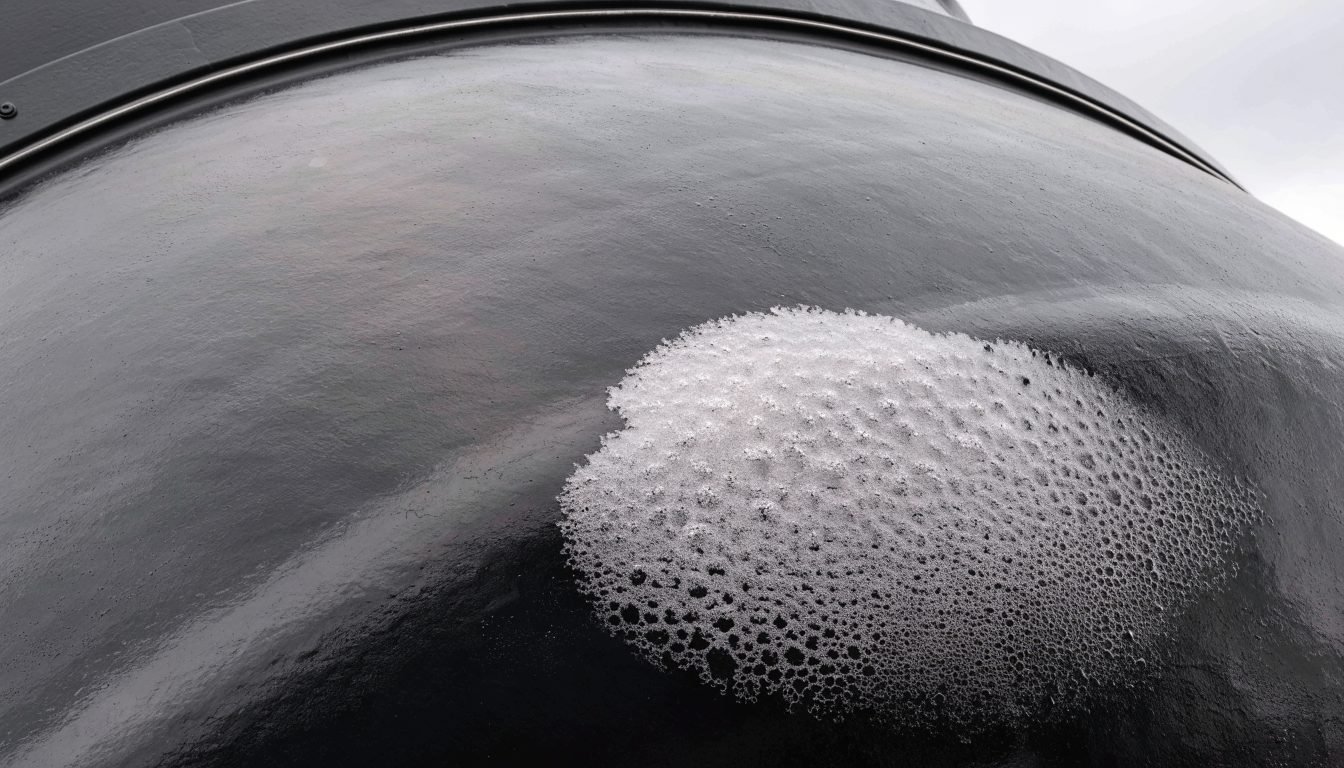 Carcasa exterior de un tanque criogénico con escarcha por pérdida de vacío
