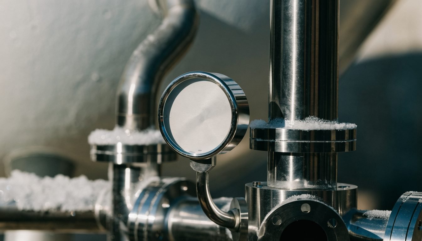 Manómetro en un tanque de almacenamiento criogénico con aislamiento al vacío que muestra la presión de trabajo normal